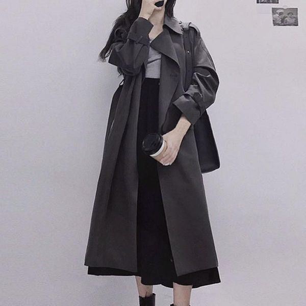 

women's wool & blends autumn korean minimalism style women long sleeve trench coat solid loose cardigan fashion double breasted thicken, Black