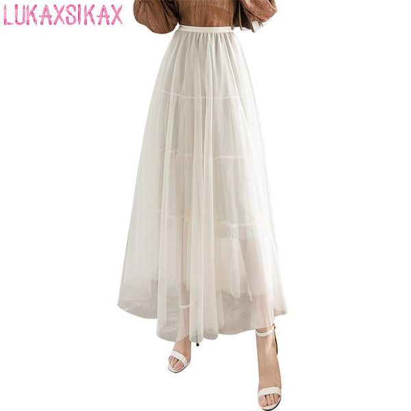 

skirts 2021 spring summer women skirt korean fashion high waist mesh tulle elegant big hem bright lined slim long, Black