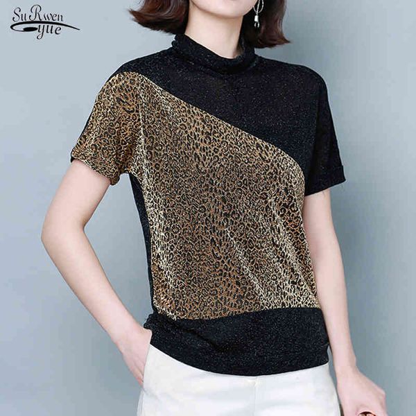 

spring women's fashion style european leopard print spliced shirt high collar bat sleeve bright silk bottoming 12852 210521, White