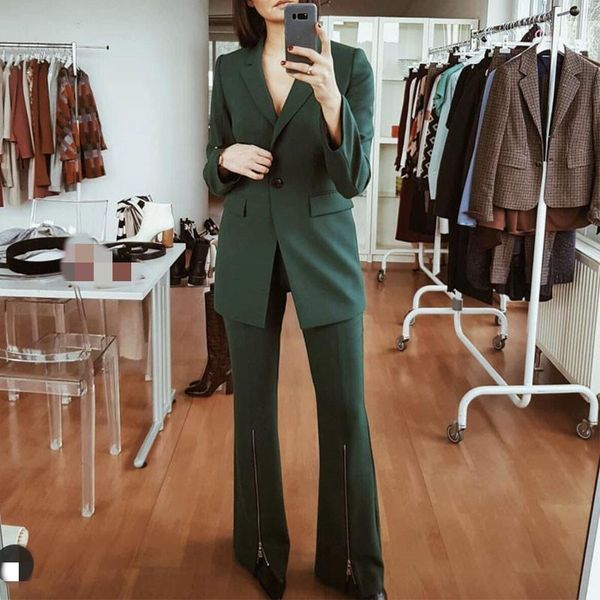 

women's suits & blazers green womens blazer suit single button long ladies blazer+zipper close casual flare pant 2021 fashion spring 2, White;black
