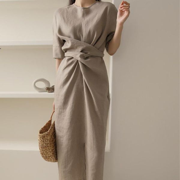 

casual dresses women's clothing summer short sleeves cotton linen khaki irregular dress bow decoration pockets 2021 arrivals u015, Black;gray
