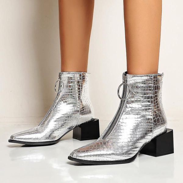 

boots ymechic 2021 silver black embossed womens ankle square heels zipper block heel winter shoes women snake print