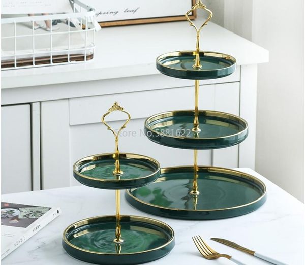 

dishes & plates ceramic fruit plate emerald green three-layer cake candy dessert multi-layer tray afternoon tea snack stand household