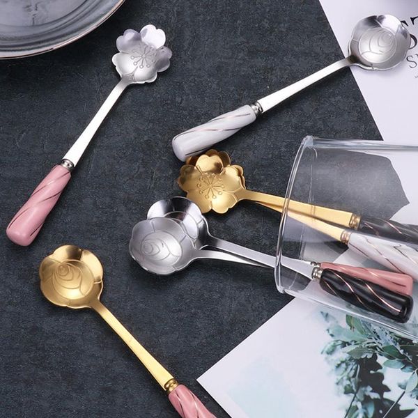 

spoons 1pcs cherry blossoms stainless steel tea coffee spoon teaspoons ice cream sugar flatware gold kitchen tableware