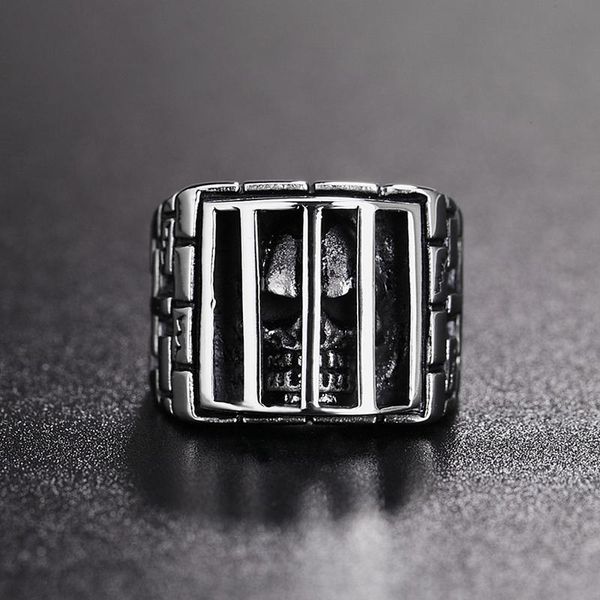 

unique men's prison skull rings cool 316l stainless steel biker ring men boys gothic cross jewelry size 7-15 cluster, Golden;silver