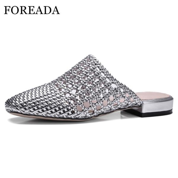 

slippers foreada summer shoes women glitter cutout fashion sandals square toe low heel female black silver plus size 33-43
