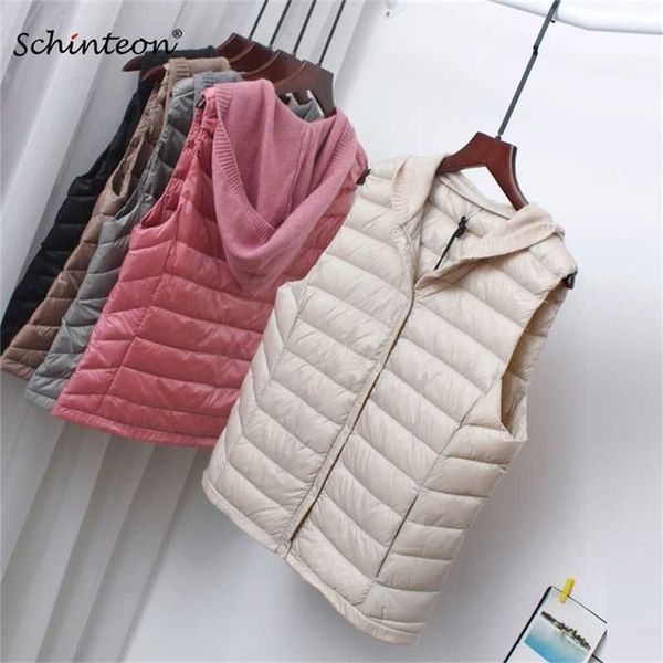 

schinteon women ultra light down vest casual short gielt with knitted hood thin inner bottoming garment spring autumn 210927, Black