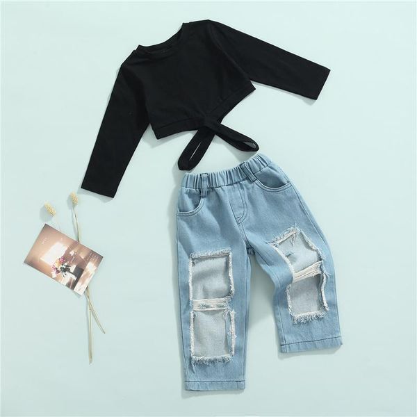 

clothing sets 2pcs kids fashion spring fall set, girls solid color o-neck long sleeve hollow out + elastic waist ripped jeans, 2-7years, White