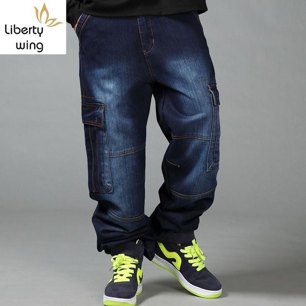 

large size 44 46 blue baggy men jeans slim fit straight loose demin pants big multi pockets casual trousers pantalon homme men's