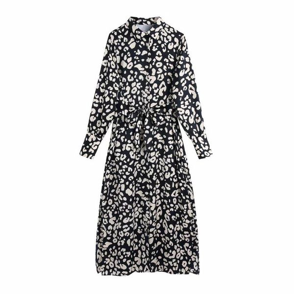 

casual dresses 2021 women dress printed collared belted elegant fashion midi woman, Black;gray