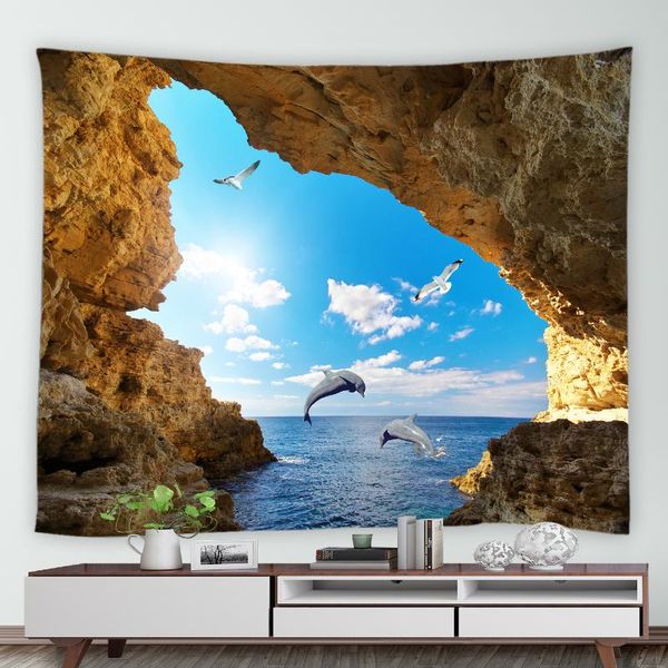 

tapestries 3d natural cave ocean landscape tapestry animal white bird dolphin modern home dorm decor wall hanging picnic blanket