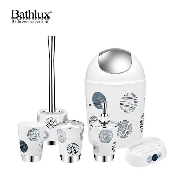 

bathroom accessories set,6 pcs plastic gift set ,printed design,brush holder,trash can,tumbler straw (beige) bath accessory