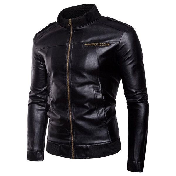 

& faux fur stand collar fashion solid color pu leather teen men's large slim jacket asian size m-3xl, Black