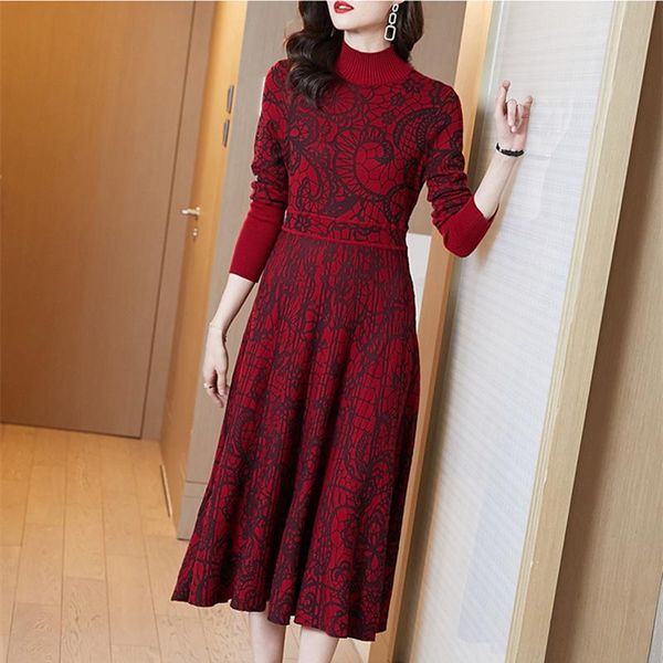 

autumn winter women half turtleneck sweater base dress runway retro pattern knitted long casual dresses, Black;gray