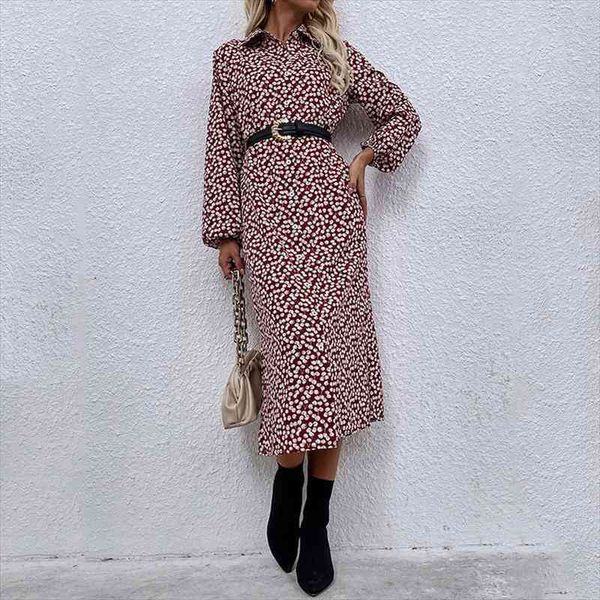 

autumn cherry print lapel womens dresses long sleeve single breasted shirt for ladies fashion all match high waist, Black;gray