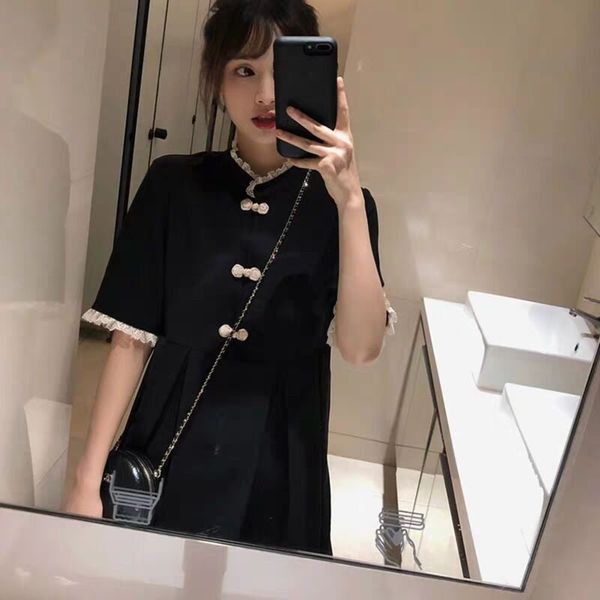 

improved young cheongsam dress women's chinese style stand collar small black skirt summer, Black;gray