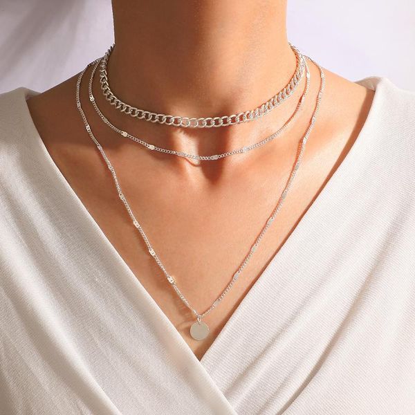 

pendant necklaces simple round necklace for women bohemian geometry silver color multi-layer clavicle chain female jewelry 19001