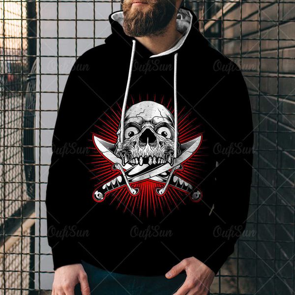 

2021 spring and autumn new street trend cool skull print men's casual pullover loose sports hoodielfff, Black
