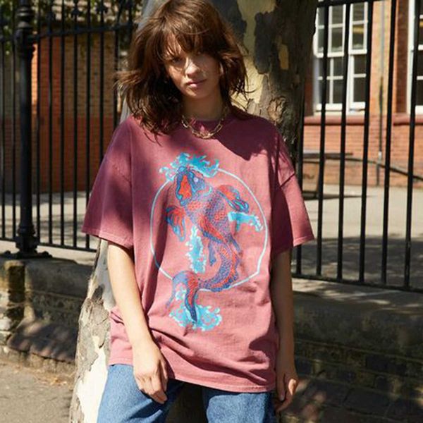 

women's t-shirt vintage fish overdyed women summer short sleeve round neck cotton y2k t shirt casual classic print oversized xc91, White