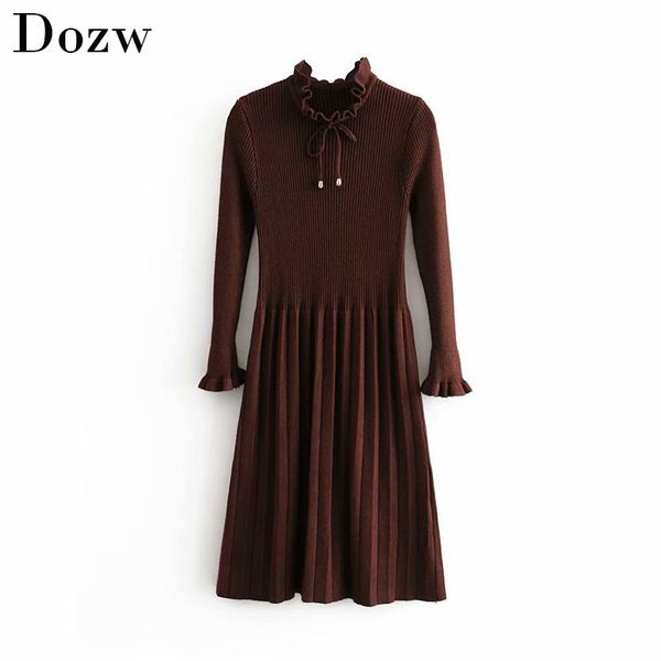 

elegant ruffle long sleeve knitted sweater dress women solid a line bow pleated dress autumn winter casual dresses for ladies 210414, Black;gray
