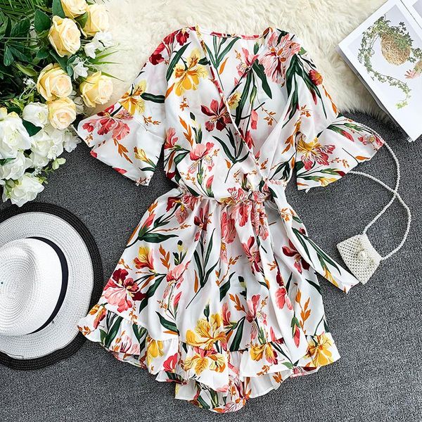 

women's jumpsuits & rompers bohemian womens jumpsuit floral flare sleeve overalls macacao feminino women clothes casual summer beach, Black;white