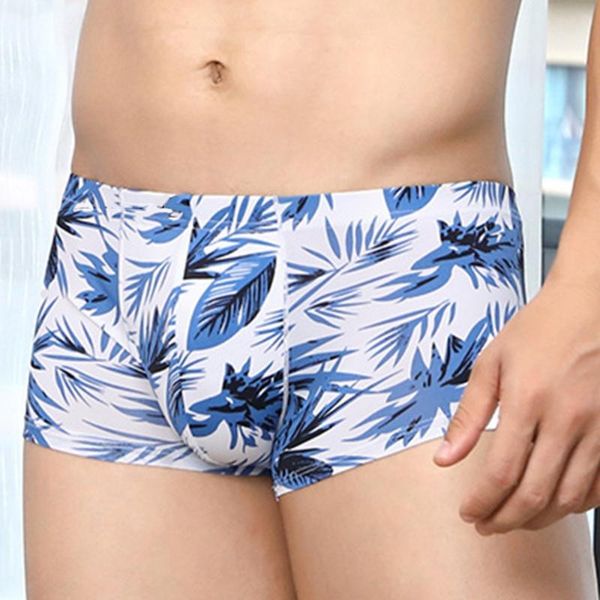 

underpants male four-corner panties breathable boxers men underwear u convex pouch printed leaves homewear shorts a50, Black;white