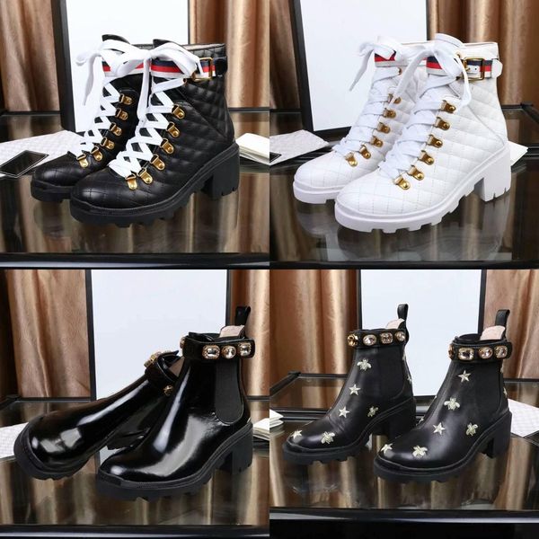 

designer women boots classic leather booties belt buckle ankle shoes desert martin boot female rough heel round head shoe with box, Black