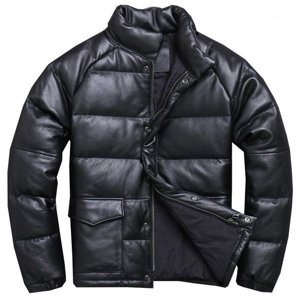 

men's leather & faux genuine jacket men real cow winter coat slim duck down for mens clothing jaqueta masculino couro yy762, Black