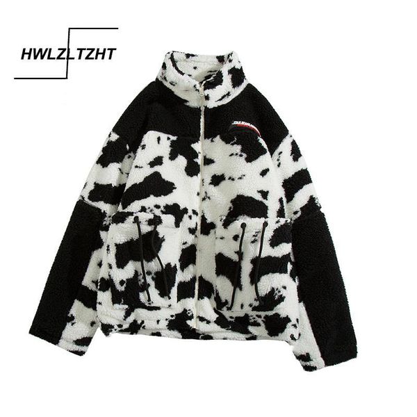 

women's jackets hwlzltzht lambswool coats for women cow print jacket streetwear zipper casual warm autumn winter 2021 harajuku co, Black;brown