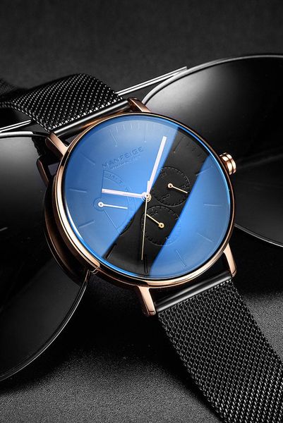 

wristwatches relogio masculino luxury quartz watch for men blue dial watches sport male chronograph clock mesh belt wrist 2021, Slivery;brown