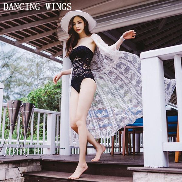 

summer bohemia long beach kimono cardigan women white hollow out flowers lace shawl casual loose blouses women's & shirts