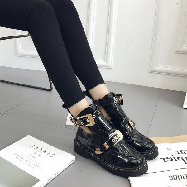 

boots buckle shoes women short autumn leather shoe belt, Black