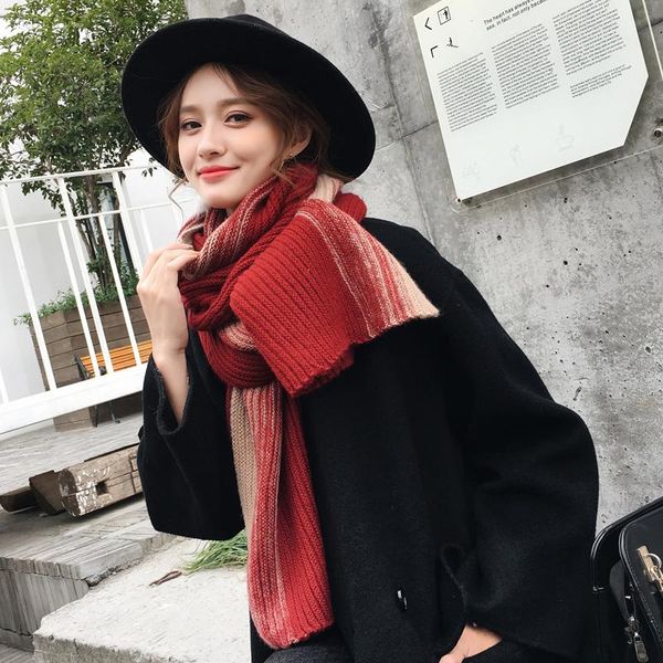 

scarves korean scarf women autumn and winter gradient color thickened woolen long muffler fashion label knitted warm shawl lady, Blue;gray