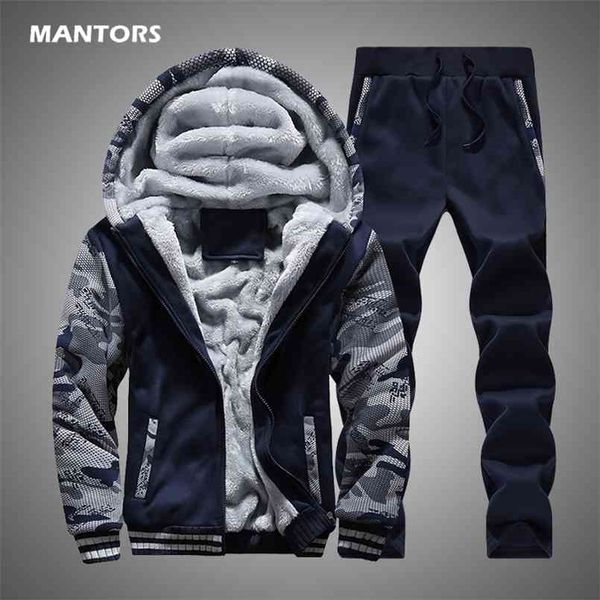 

men's hoodies tracksuit winter fleece camouflage suit warm velvet sweatshirt brand clothing men set jacket+pants 2pcs blue 210917, Gray