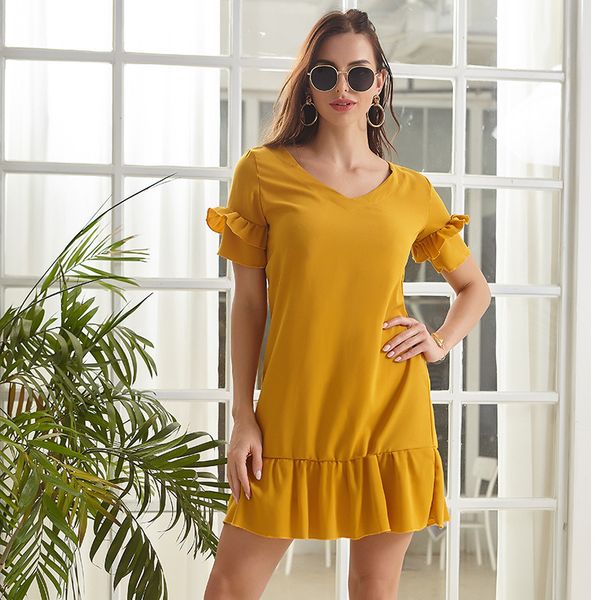 

elegant ladies summer ruffles solid women 2021 new v neck short sleeve above knee holiday dress, Black;gray