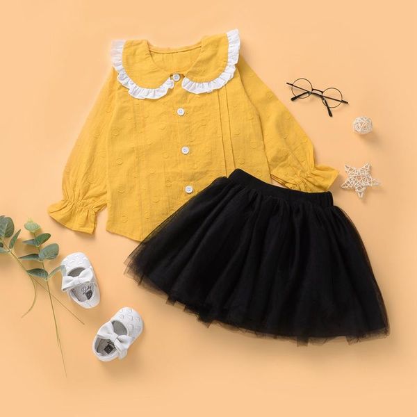 

clothing sets spring autumn girl set mustard cotton long sleeve shirt + black tutu skirt suits for kids girls, White