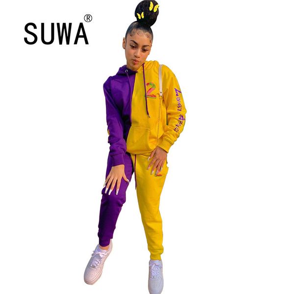 

contrast patchwork autumn winter clothes for women letter printed hoodies sweatshirt baggy pants joggers 2 piece set lounge wear 210525, White