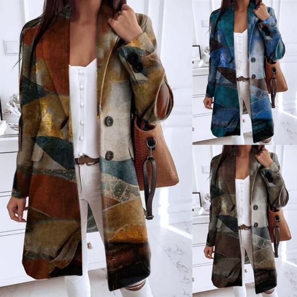 

women's wool & blends vintage coat women art printed long sleeve two buttons lapel side pockets woolen ladies overcoat streetwear, Black