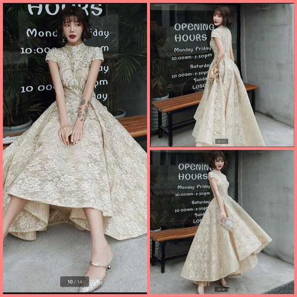 

2021 new arrival champagne lace a line high low prom dress heavily beading sequins cap sleeve modest party gowns neckline vintage luxury eve, Black