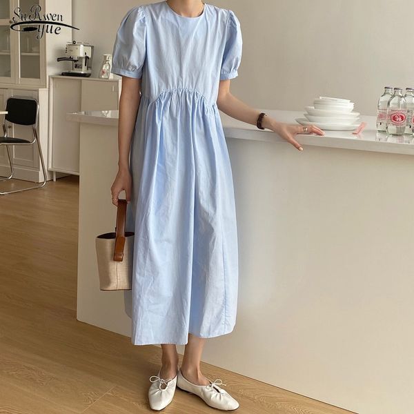 

casual summer solid women all match stylish long dress vintage lantern sleeve irregular pleated robe 14512 210521, Black;gray