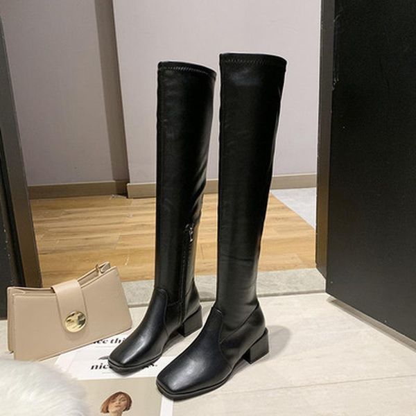 

boots 2021 the knee square toes soild shoes woman 5cm suede elastic heels fashion korean ladies boot thigh high flat, Black