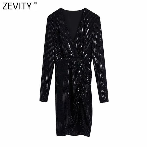 

women cross v neck sequined pleated casual slim dress female chic long sleeve brand party mini vestido ds4748 210420, Black;gray