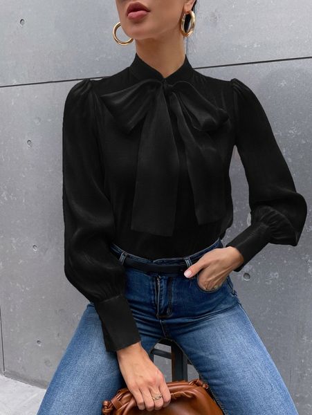 

tie neck lantern sleeve satin blouse y2is#, White