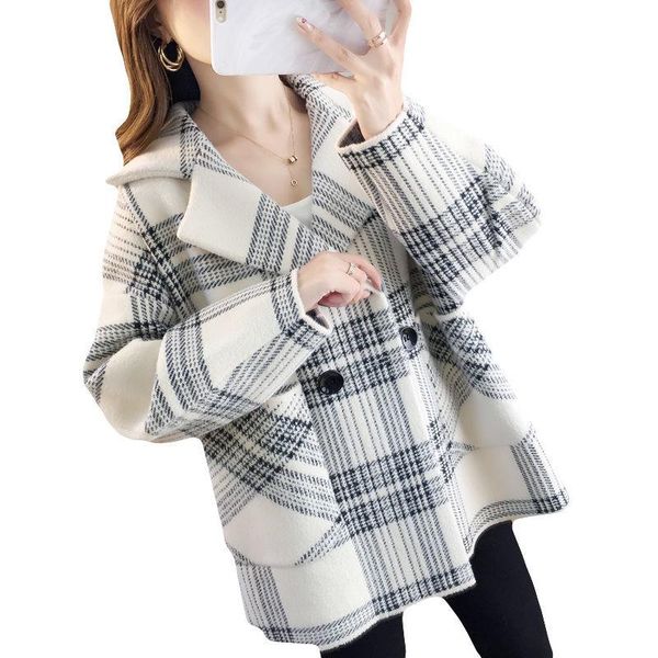 

women's wool & blends coat autumn winter 2021 loose lattice woolen jacket temperament short double-sided nylon knitted cardigan outwear, Black