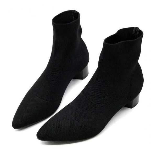 

boots women's pointed toe yarn elastic ankle thick med heels shoes woman female socks 2021 autumn q00253, Black