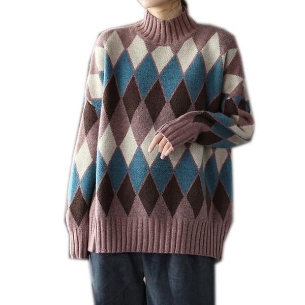

argyle pattern vintage retro style women sweater pullover thick knit warm for autumn winter big loose a12091110 women's sweaters, White;black