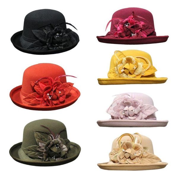 

stingy brim hats womens winter vintage faux felt trimmed bucket flower feather imitation pearl bowknot elegant wedding trend hat, Blue;gray