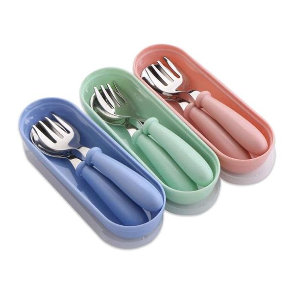 

dinnerware sets baby spoons forks tableware set with storage box,for weaning and learning to use cutlery (blue&green&pink)