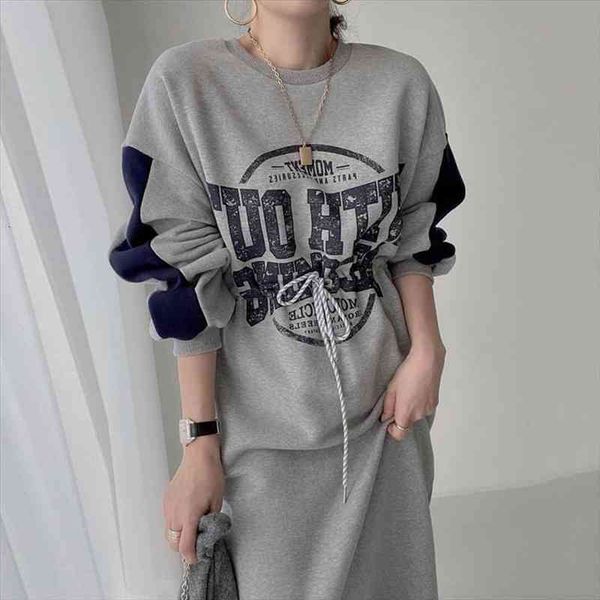 

[ewq] korean chic autumn womens dress black o neck letter print color casual drawsting waist split sweatshirt women feamel 16e2954, Black;gray