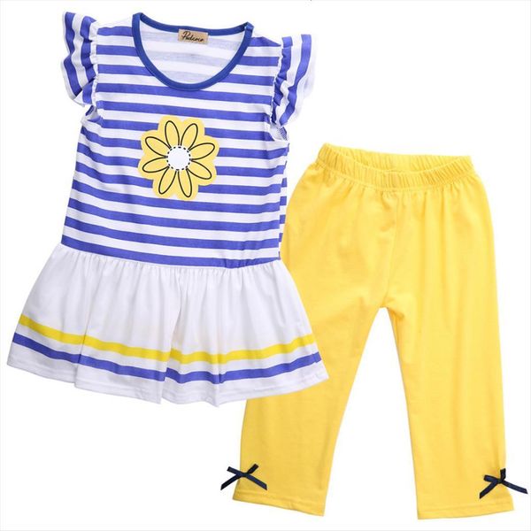 

summer girls clothes set 2pcs kids girl floral striped dress shirt and yellow pant cute baby little children, White